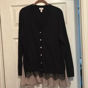 LOGO by Lori Goldstein black sweater with lace trim. Very feminine.